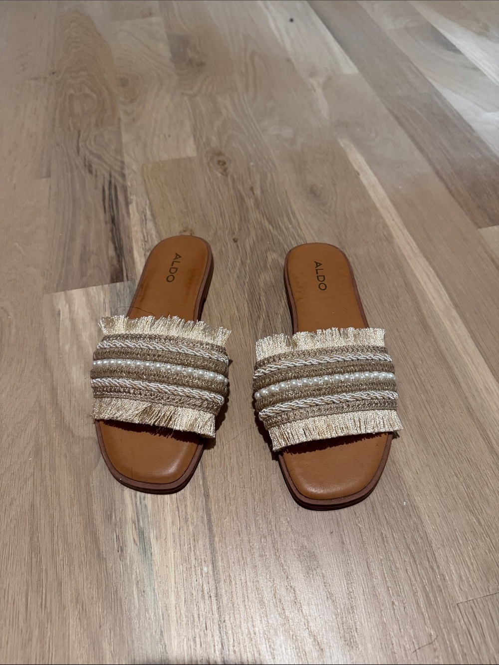 ALDO Women's Tan Fringe Slide Sandals